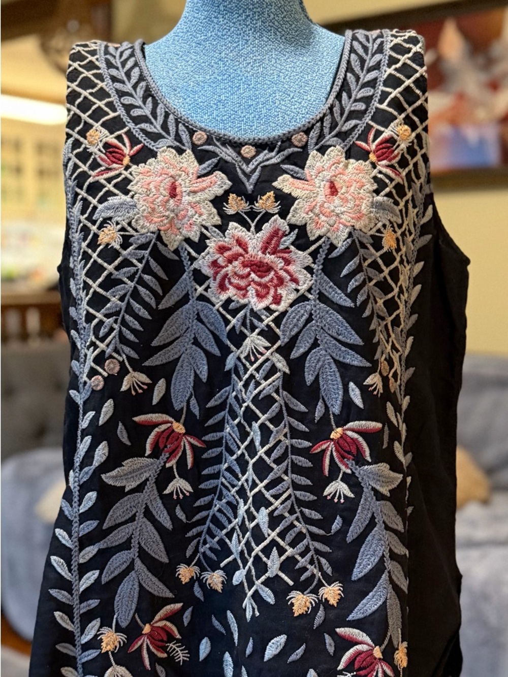 Johnny Was Black Embroidered Floral Camisole with Pink and Gray Accents